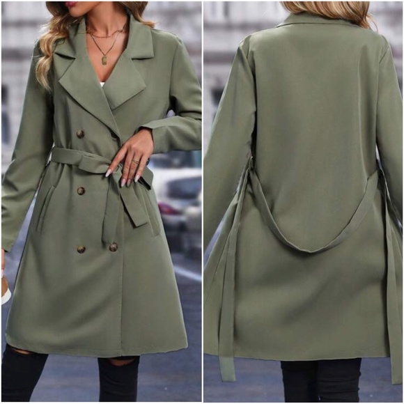 Classic Double Breasted Button up Pocket Jacket Trench Coat - Picture 3 of 3